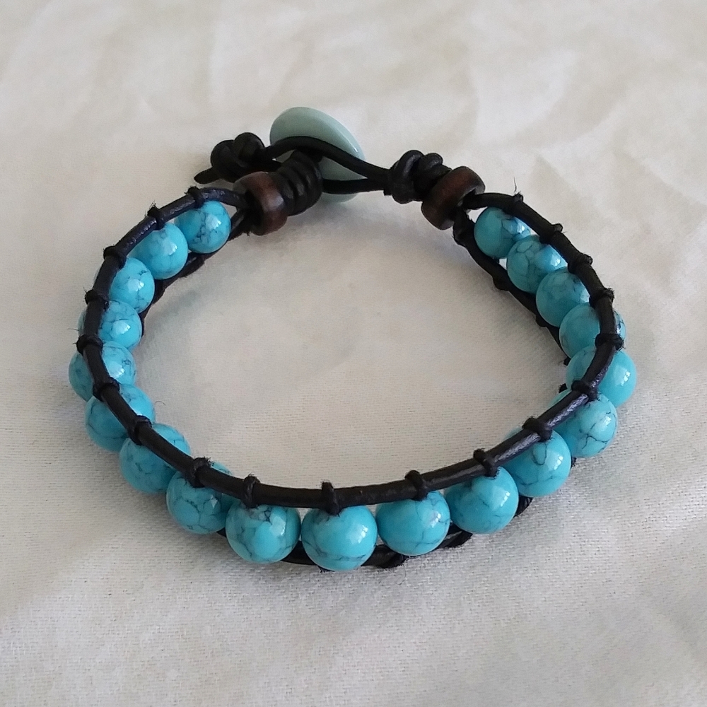 Turquoise Howlite/Hemp/Leather Bracelet - Picture 2 of 5
